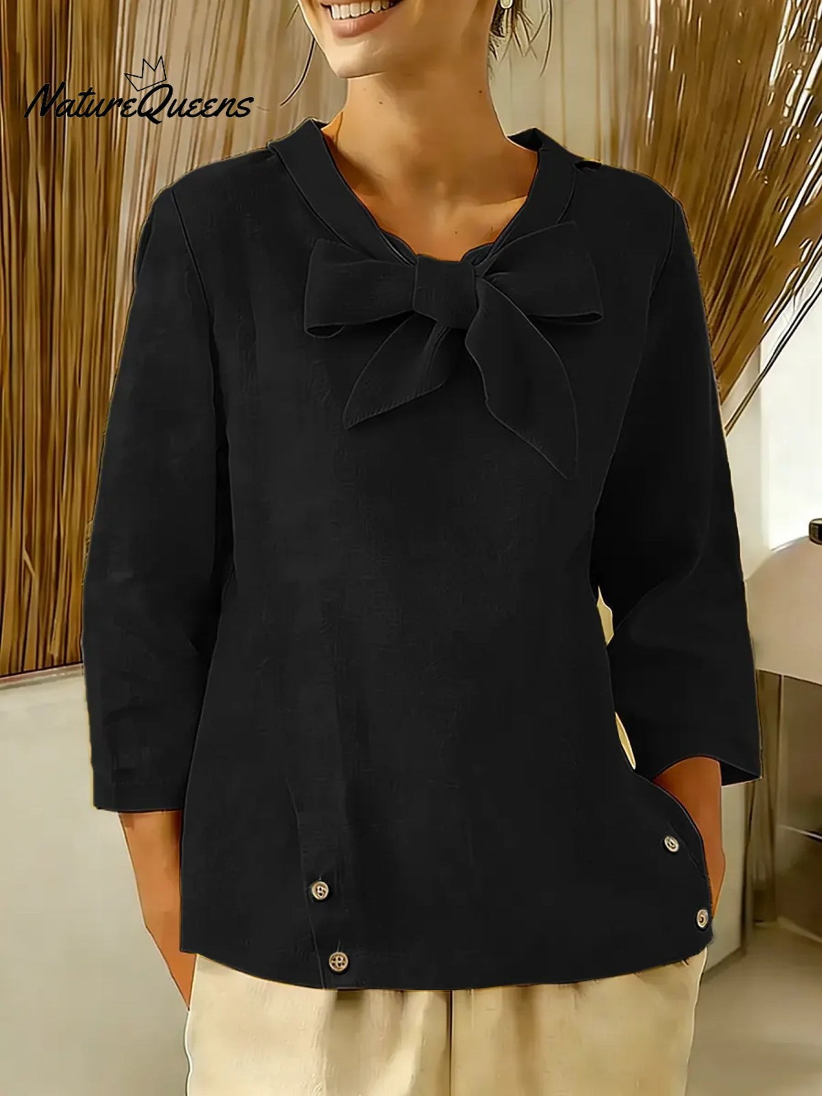 Women's Solid Color V-neck Bow Tie Three-quarter Sleeve Casual Loose Cotton Linen Top