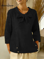 Women's Solid Color V-neck Bow Tie Three-quarter Sleeve Casual Loose Cotton Linen Top