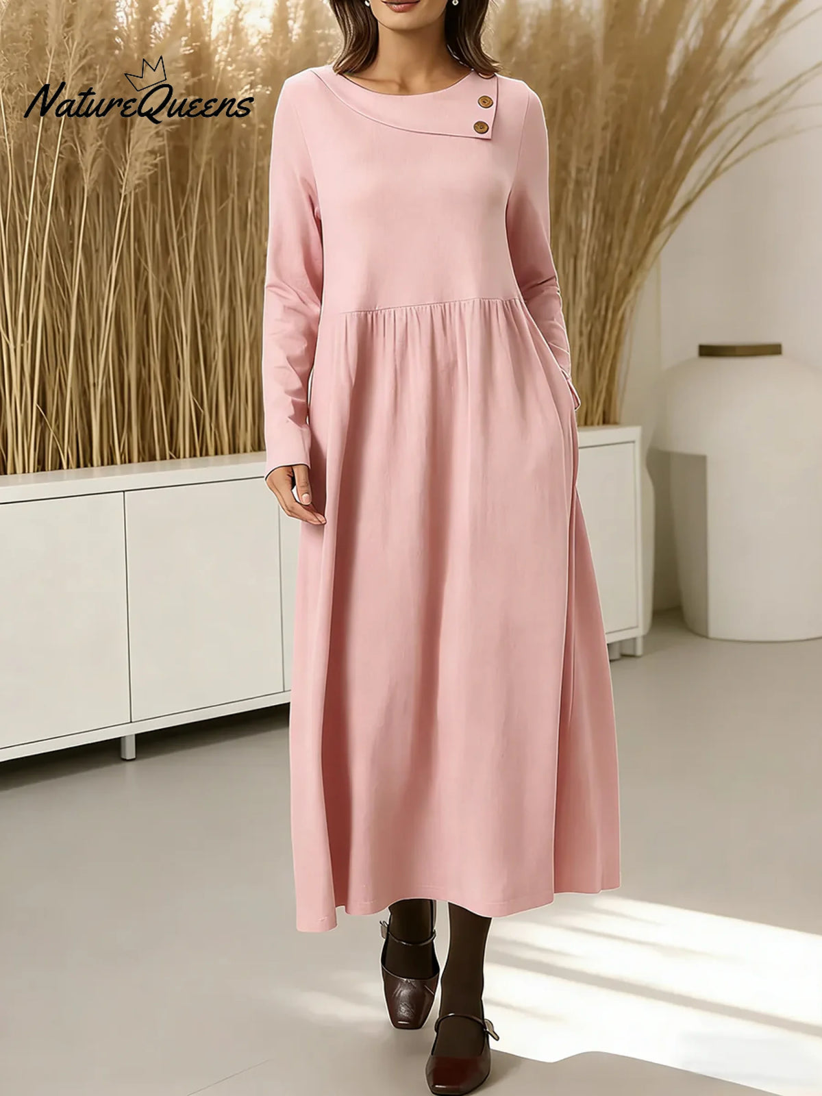 Women's Solid Color Round Neck Long Sleeve Casual Loose Cotton Dress