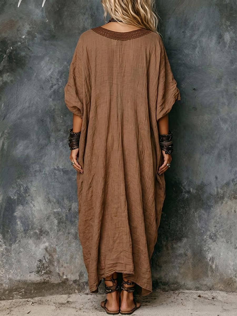 Women's Solid-color V-neck 3/4-sleeve Casual Loose Cotton-linen Dress