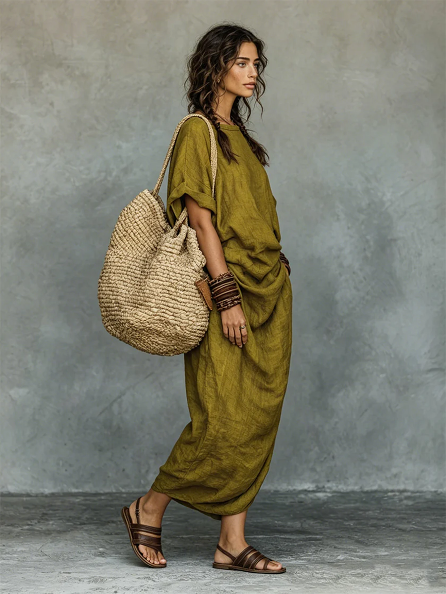 Casual Boat-neck Pleated Cotton-linen Dress