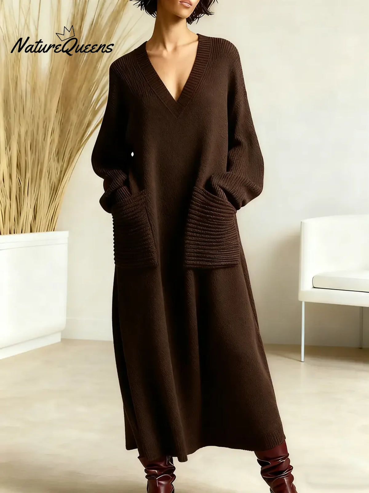Women's Solid Color V-neck Long Sleeve Casual Pocket Loose Knit Dress