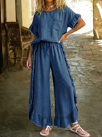 Women's Casual Tencel Denim Top With Ruffle Details And Matching Ruffle Pants Two-piece Set.