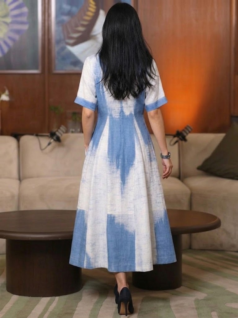 Elegant Art-print Slim-fit A-line Linen-cotton Dress