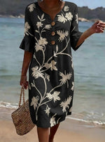 Women's Floral Print Casual Cotton-Linen Dress