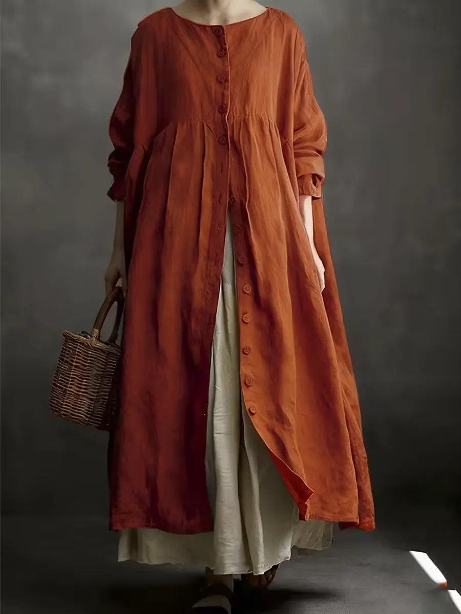 Women's Solid Color Art Casual Long Sleeve Cotton Linen Dress