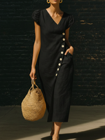 Elegant V-neck Button-up Linen Midi Dress