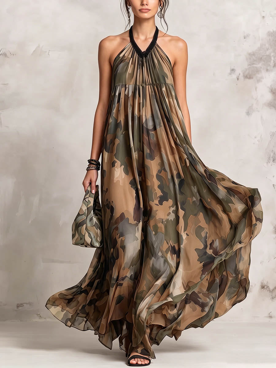 Women's Camouflage Print Halter-neck Sleeveless Casual Loose Chiffon Dress