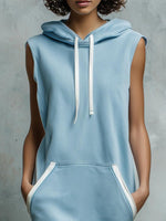 Light Blue Sleeveless Hoodie Midi Dress With White Stripes