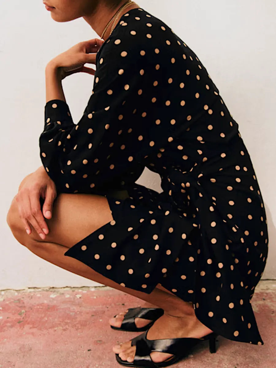 Women's Beige Polka Dots Black Background Print Short Dress
