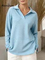Women's Solid Color V-neck Long-sleeved Casual Loose Sweatshirt