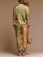 Women's Casual Satin Set: V-neck 3/4-sleeve Top With Placement Print & High-waisted Wide-leg Pants