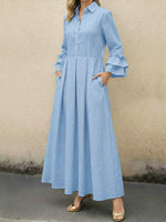Women's Ruffled Sleeve Linen And Cotton Long Dress