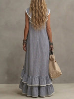 Stylish Casual Striped Linen-cotton Ruffled Maxi Dress