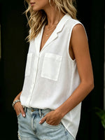 Women's Pockets Lapel Sleeveless Simple Loose-fit Shirt
