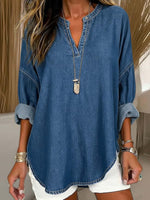 Women's V-neck Long-sleeved Casual Loose Denim Top