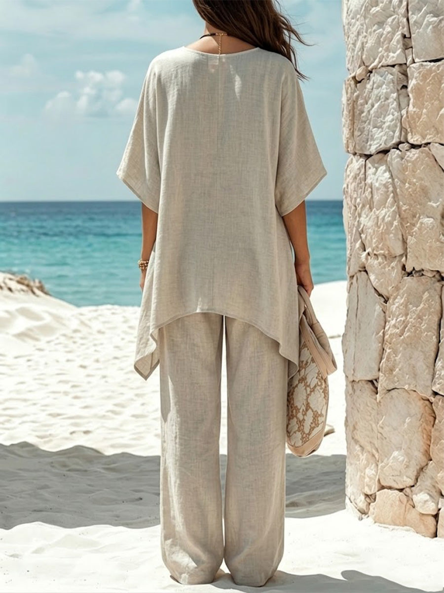Natural Linen Deep V Batwing Irregular Asymmetric Top & Wide Leg Pants Set
