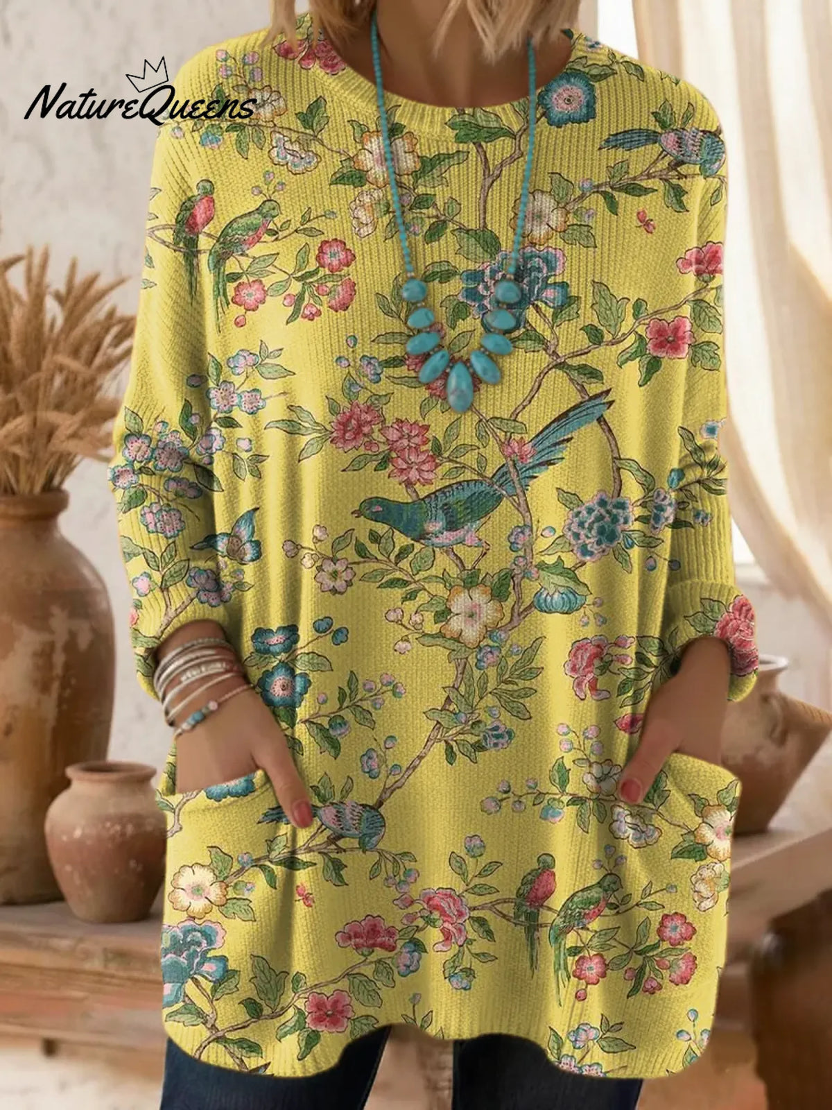 Women's Floral Pattern Art Print Casual Cotton Knitted Sweater