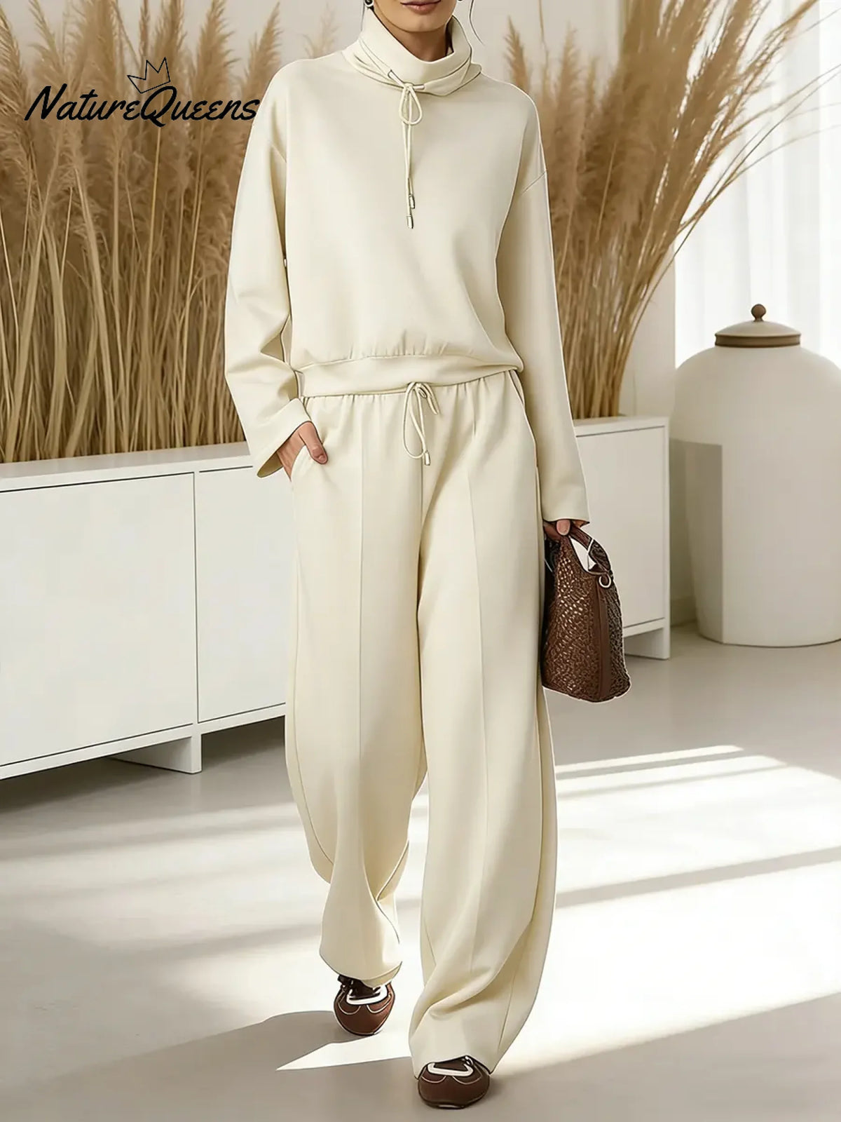 Women's Solid Color High-waisted Drawstring Wide-leg Casual Pants