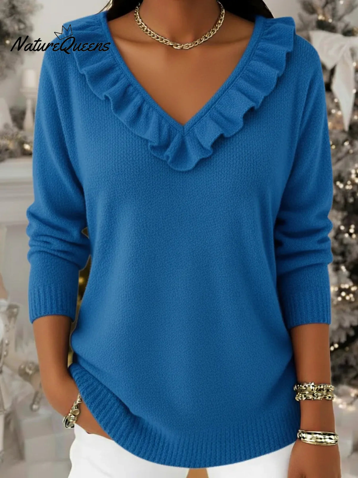 Elegant V-neck Ruffled Knit Pullover Sweater