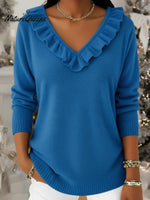 Elegant V-neck Ruffled Knit Pullover Sweater