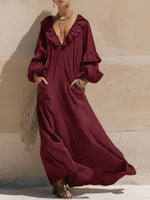 Women's Solid Color Ruffle V-neck Long-sleeved Casual Loose Cotton And Linen Dress