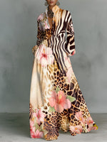 Classic Leopard Print & Floral Color-block Dress — Featuring A Turn-down Collar, Cinched Waist, And Flared Skirt