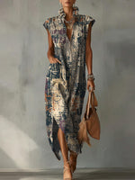 Casual Loose-fit Cotton-linen Dress With Cap Sleeves And Vintage Abstract Oil Painting Print