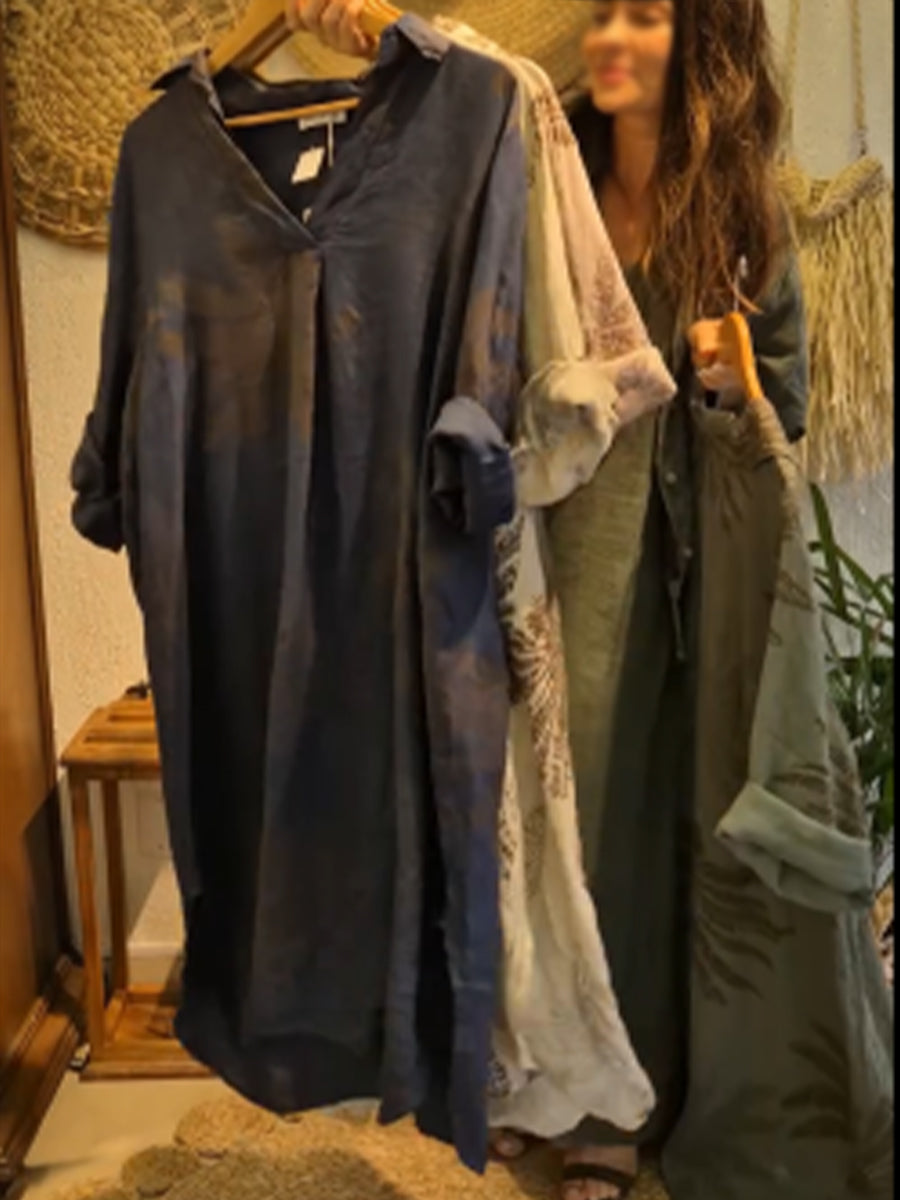 Casual Leaf Print Linen And Cotton Dress