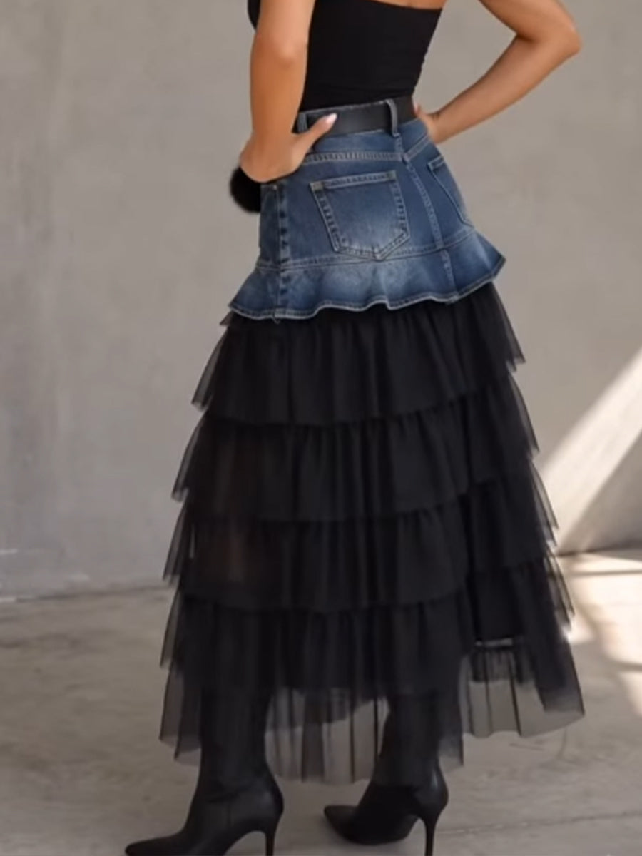 Stylish Casual Spliced mesh And Denim Skirt