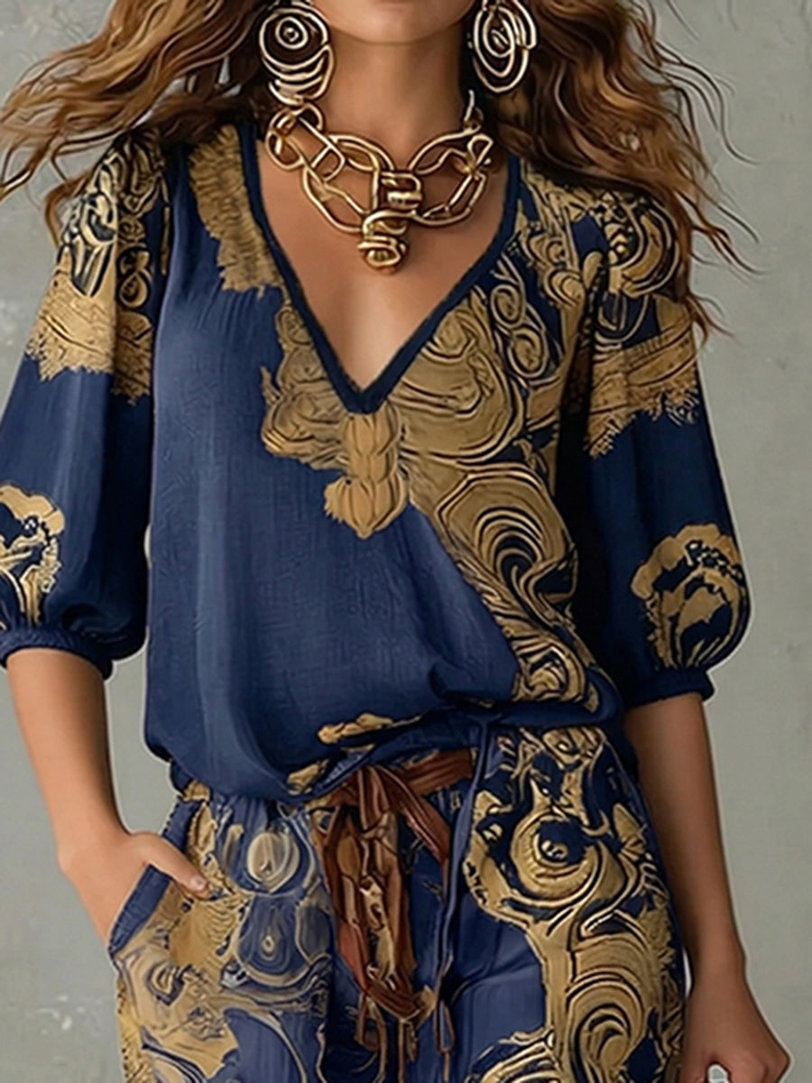 Bohemian Retro Vacation-style Printed V-neck Shirt