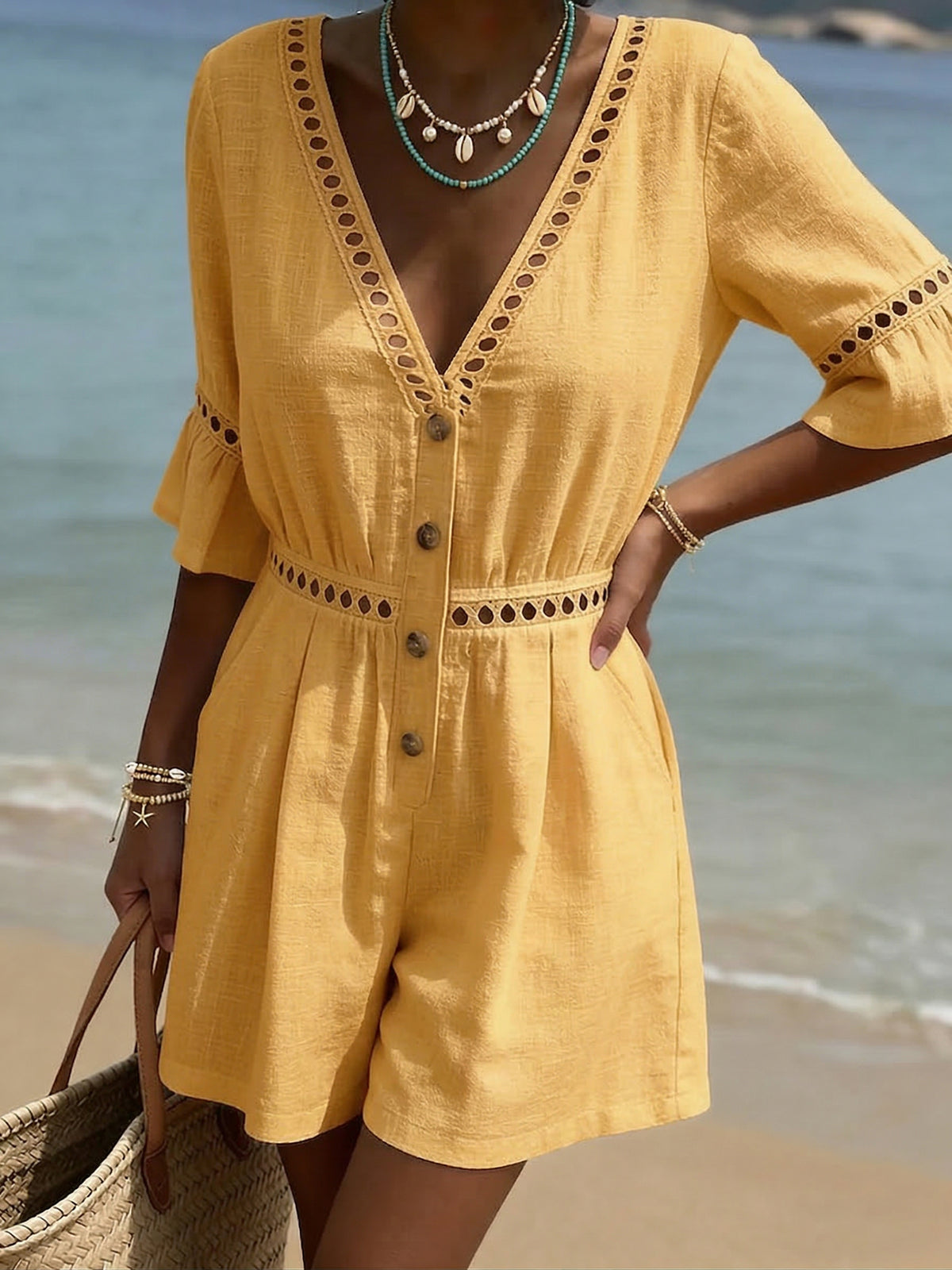 Cozy Cutout Lace Cotton-linen Short Romper Jumpsuit