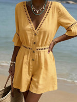 Cozy Cutout Lace Cotton-linen Short Romper Jumpsuit