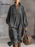 Women's Stand Collar Long Sleeve Casual Loose Ruffled Cotton Dress