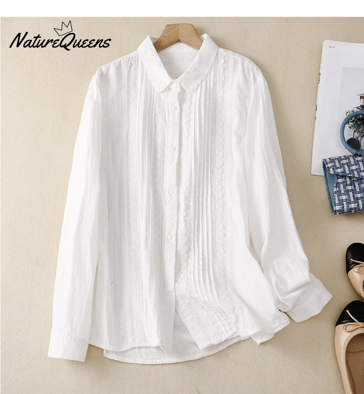 Women's Patchwork Lace Trim Linen And Cotton Pleated Shirt