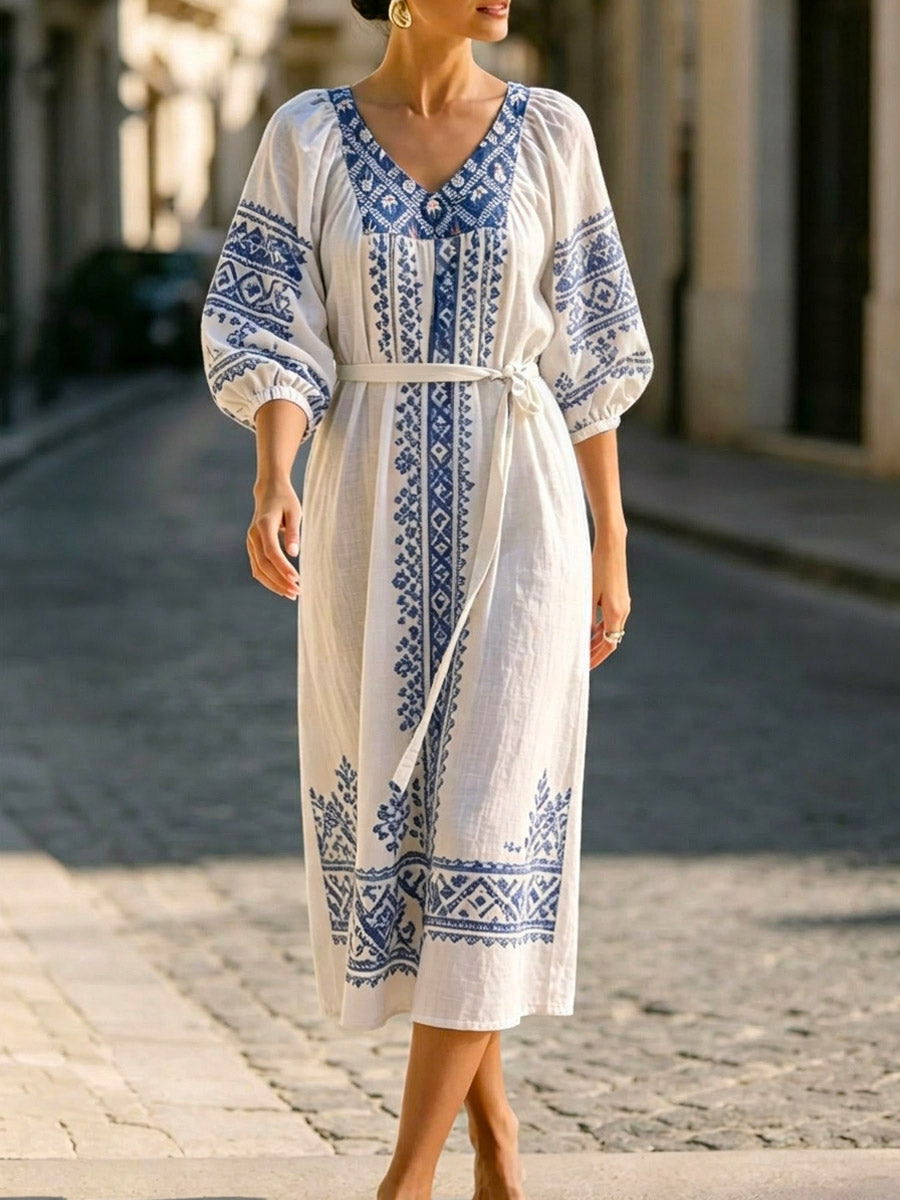 Women's Ethnic Pattern Elegant Art Casual Cotton Linen Dress