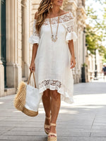 Women’s Lace Off Shoulder Casual Short Sleeve Cotton Linen Maxi Dress