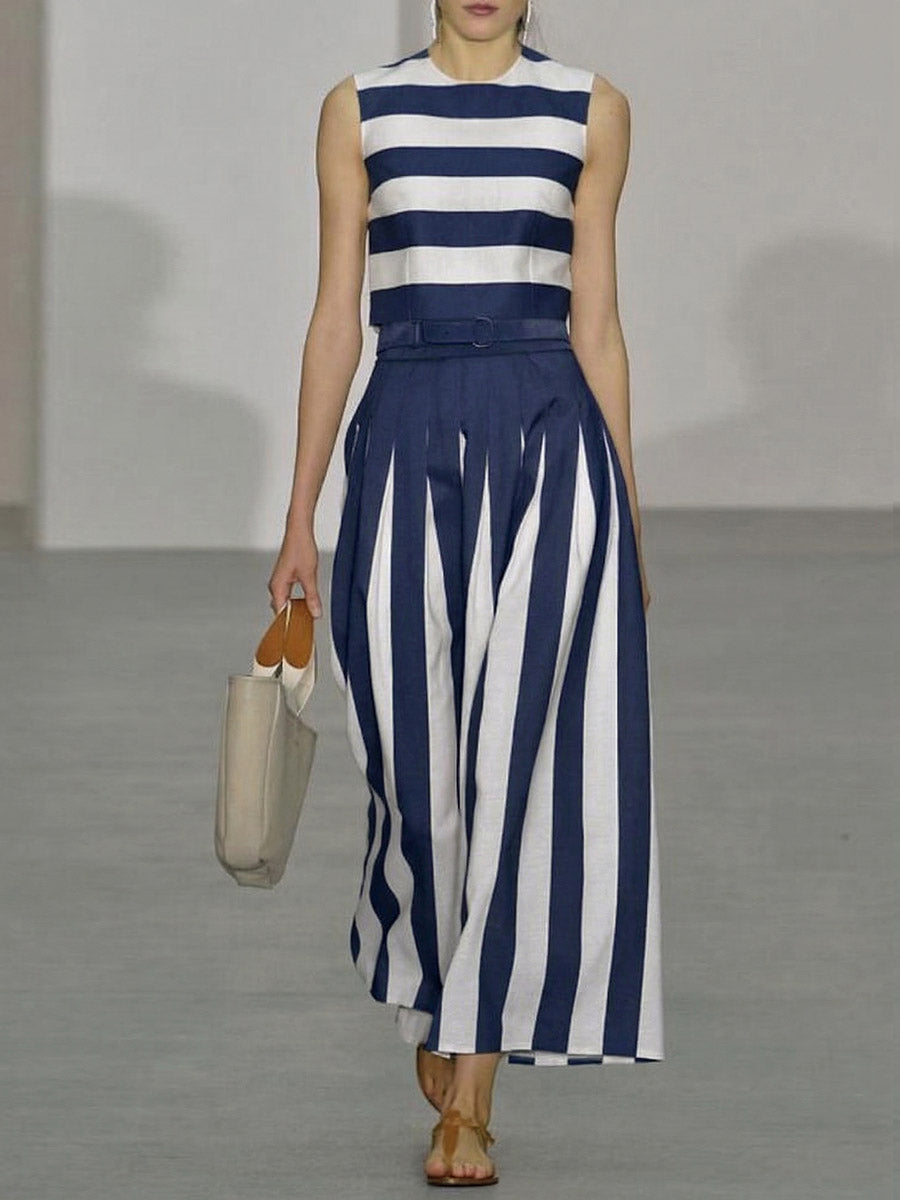 Women's Striped Cotton Two-piece Set: Crew Neck Sleeveless Loose-fit Top & High-waisted Wide-leg Pants