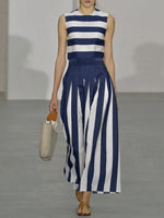 Women's Striped Cotton Two-piece Set: Crew Neck Sleeveless Loose-fit Top & High-waisted Wide-leg Pants