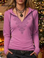 Women's V-neck Printed Long-sleeved Casual Loose Hooded Top