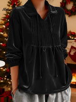 Women's Solid Color Cardigan Collar Long-sleeved Casual Loose Pleated Velvet Top