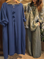 Women's Solid Color Round Neck 3/4 Sleeve Casual Loose Cotton And Linen Dress