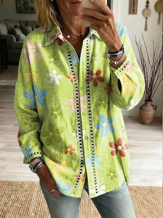 Women's Vintage Floral Print, Spliced, And Cutout-trimmed Loose Cotton-linen Shirt