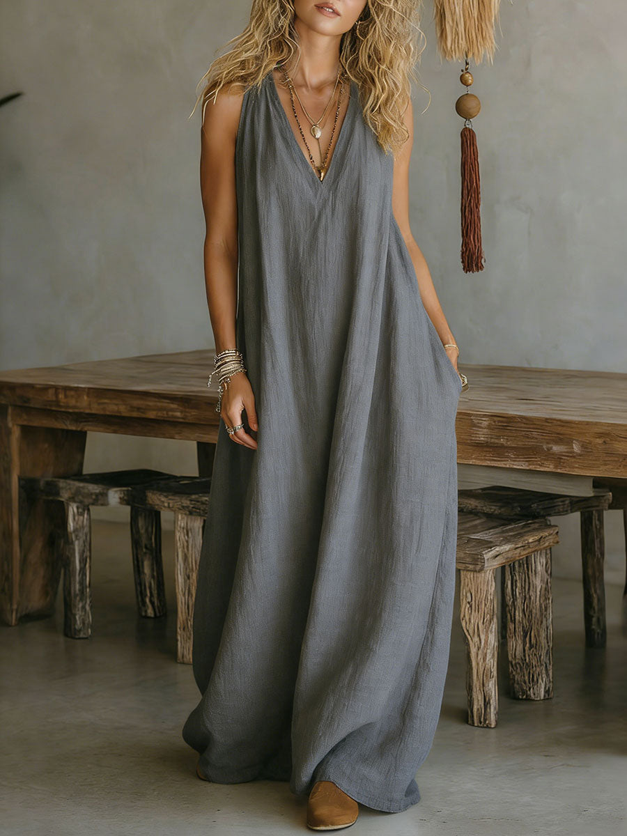 Women's Casual Sleeveless Loose Pocket Vest Long Dress