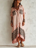 Women's Casual Loose Cotton-linen Dress With Lapel 3/4 Sleeves And Leopard Print Splicing
