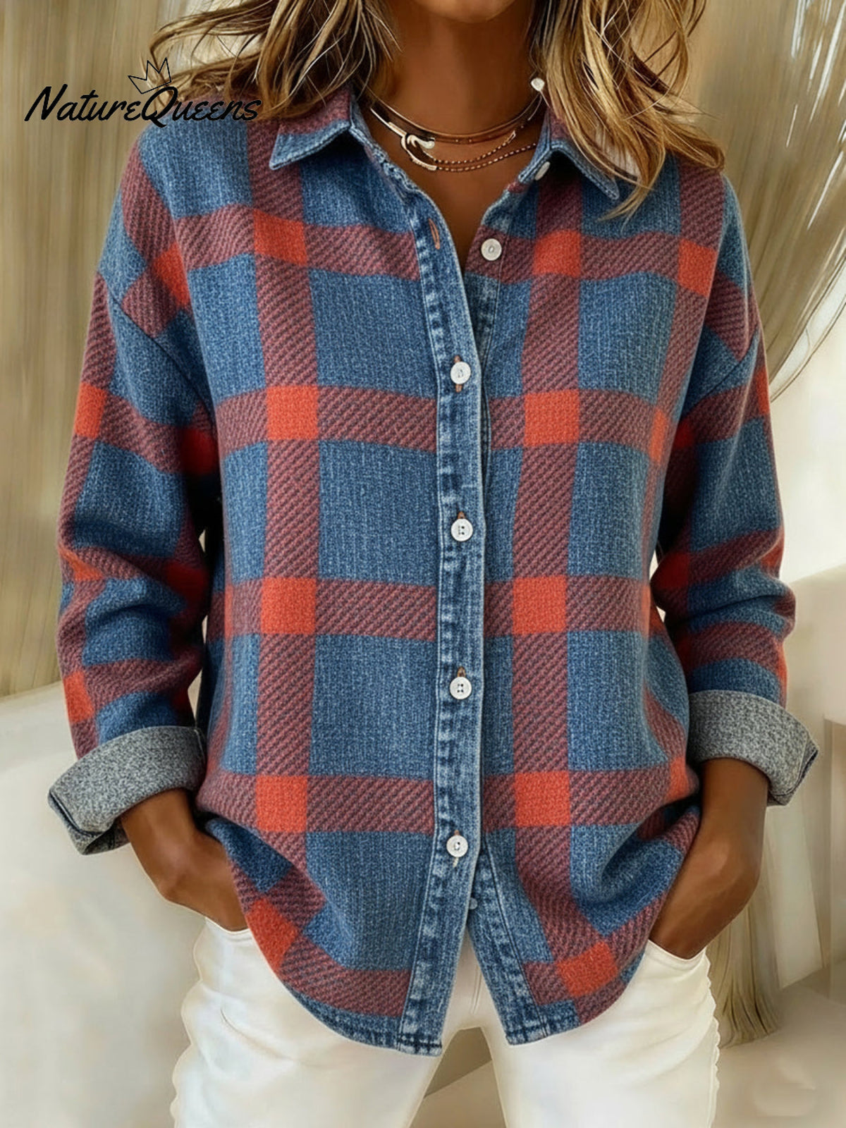 Retro Cozy Plaid Print Denim Button-up Shirt