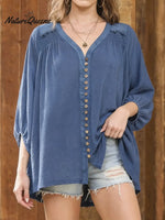 Women's Solid Color V-neck 3/4 Sleeve Casual Loose Cotton Shirt