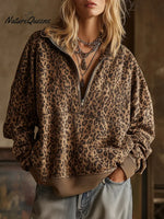 Women's Leopard Print Cardigan Collar Long Sleeve Casual Loose Sweatshirt