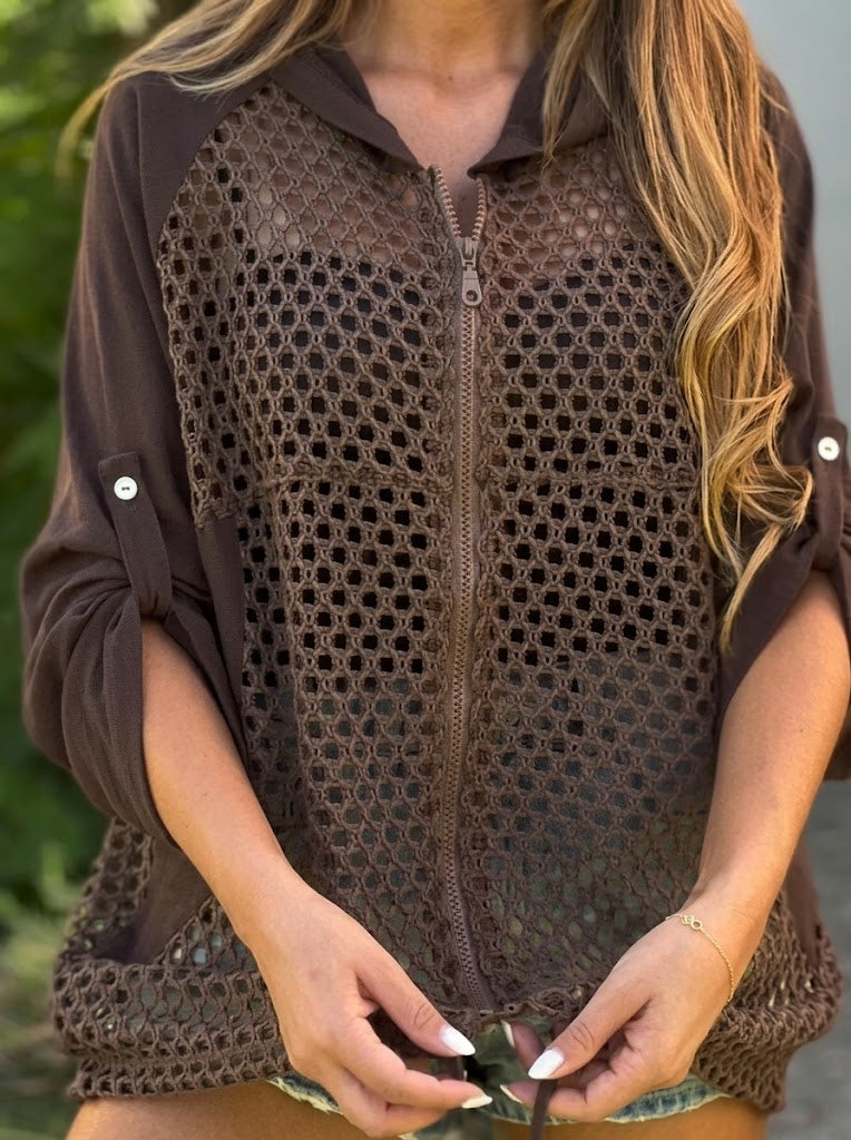 Casual Spliced cutout Linen & Cotton Zip-up Hooded Jacket