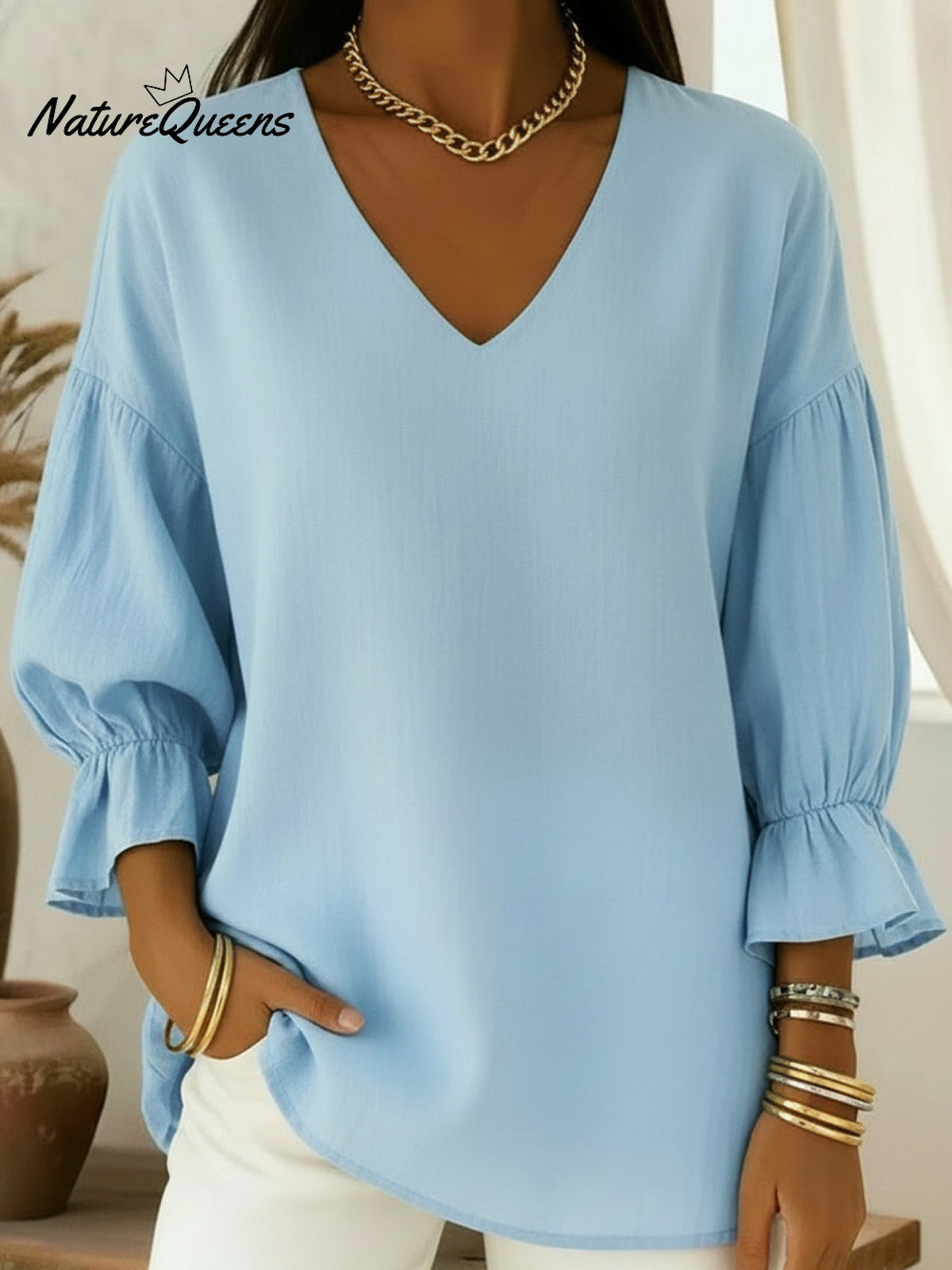 Elegant V-neck Lantern Sleeve Linen Shirt Top